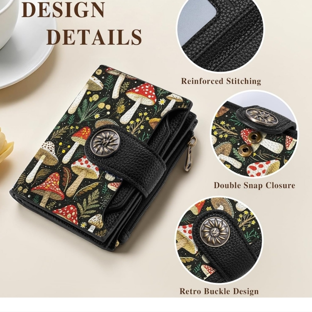 Mushroom Print Wallet with Double Snap Closure
